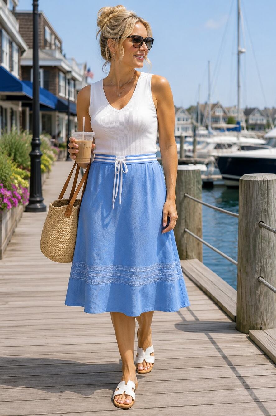 Covington Blue Linen Blend Embroidered A-Line Midi Skirt Women's 14